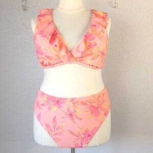Cupshe 3X Floral Print Bikini Top & High-Rise Bottoms Set Pink Coral